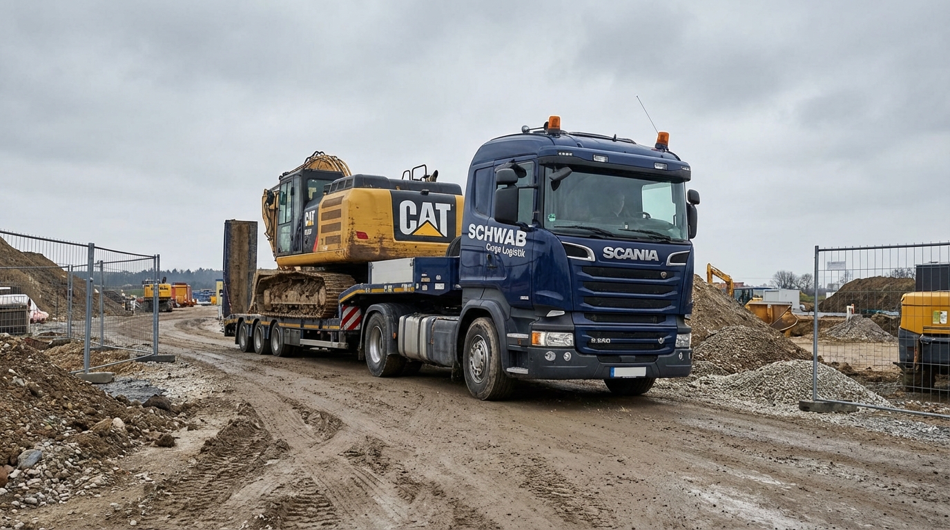 Bagger auf SCHWAB Tieflader-Auflieger beim Transport